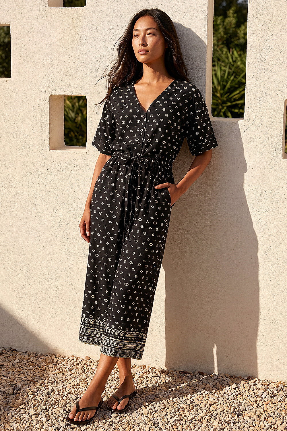 Black Petite Border Print Cropped Jumpsuit, Image 3 of 4