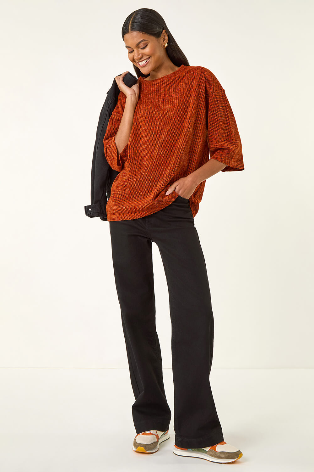 Rust Button Back Jersey Snit Top, Image 3 of 5