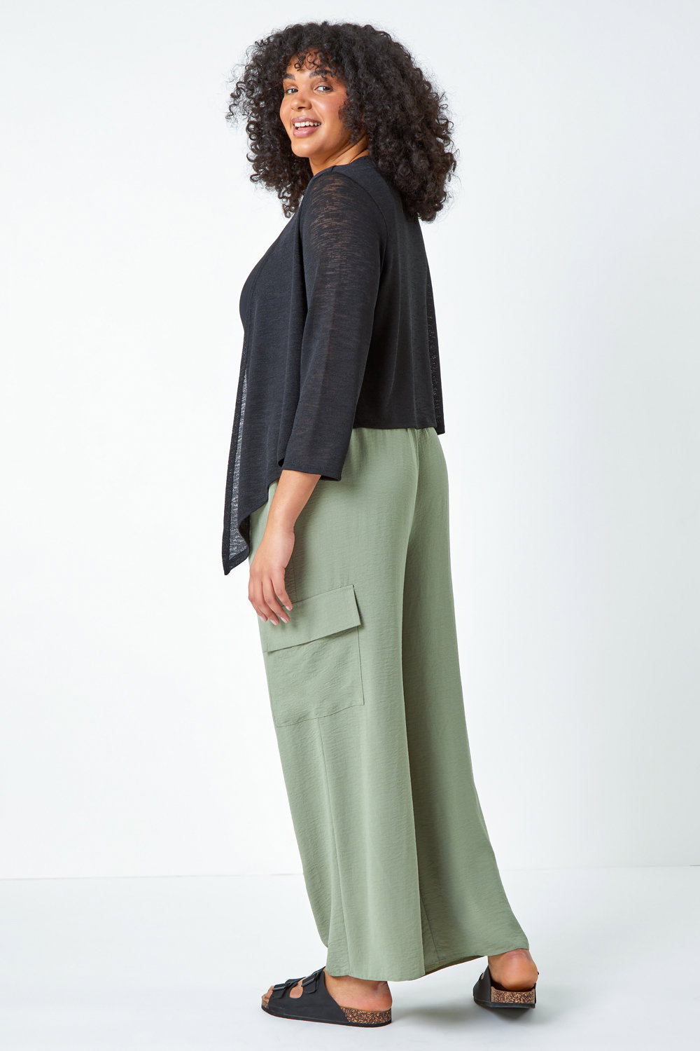 Black Curve Tie Front Stretch Cropped Cardigan, Image 4 of 5