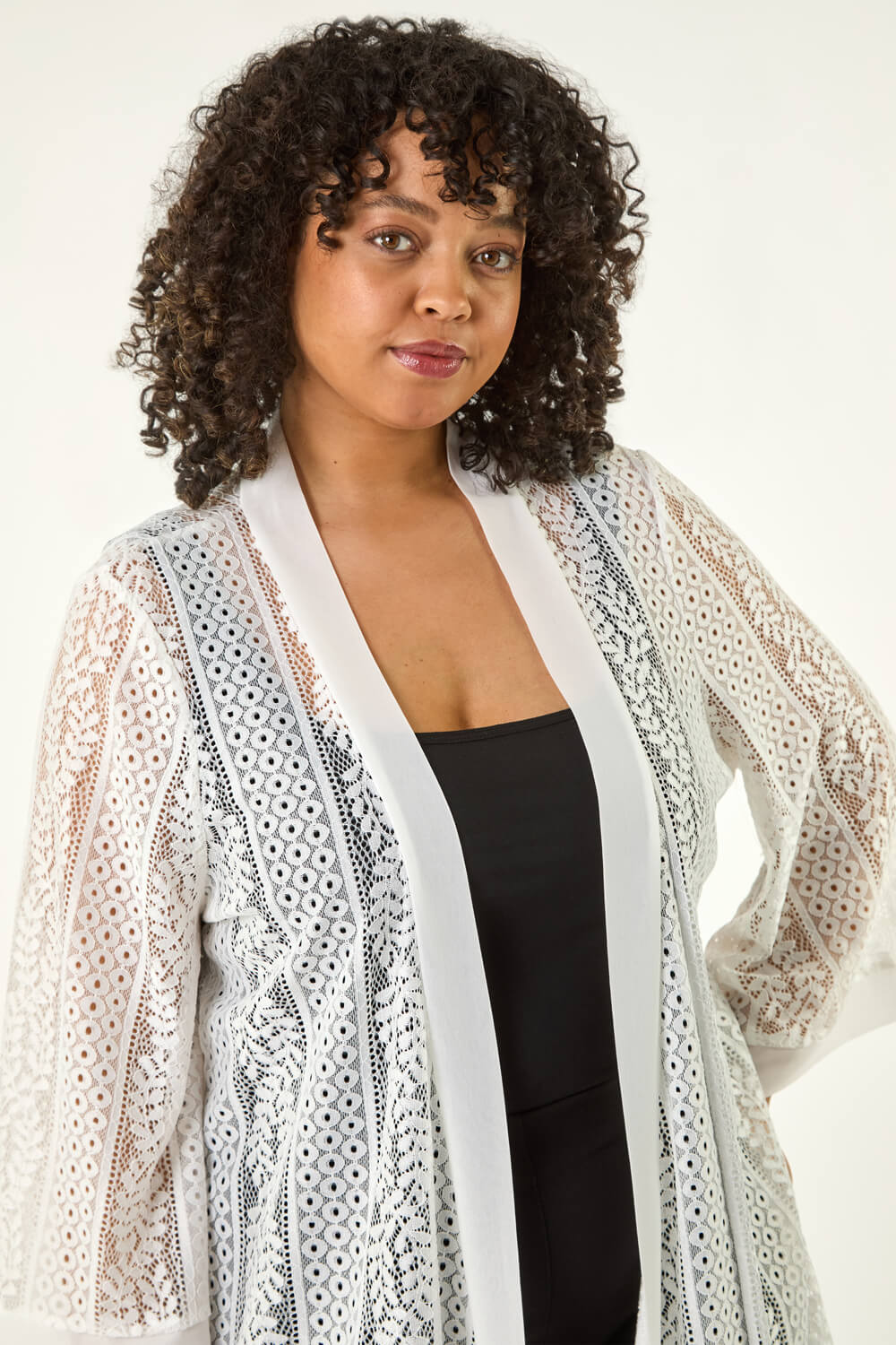 Ivory Curve Crochet Knit Cardigan, Image 5 of 5