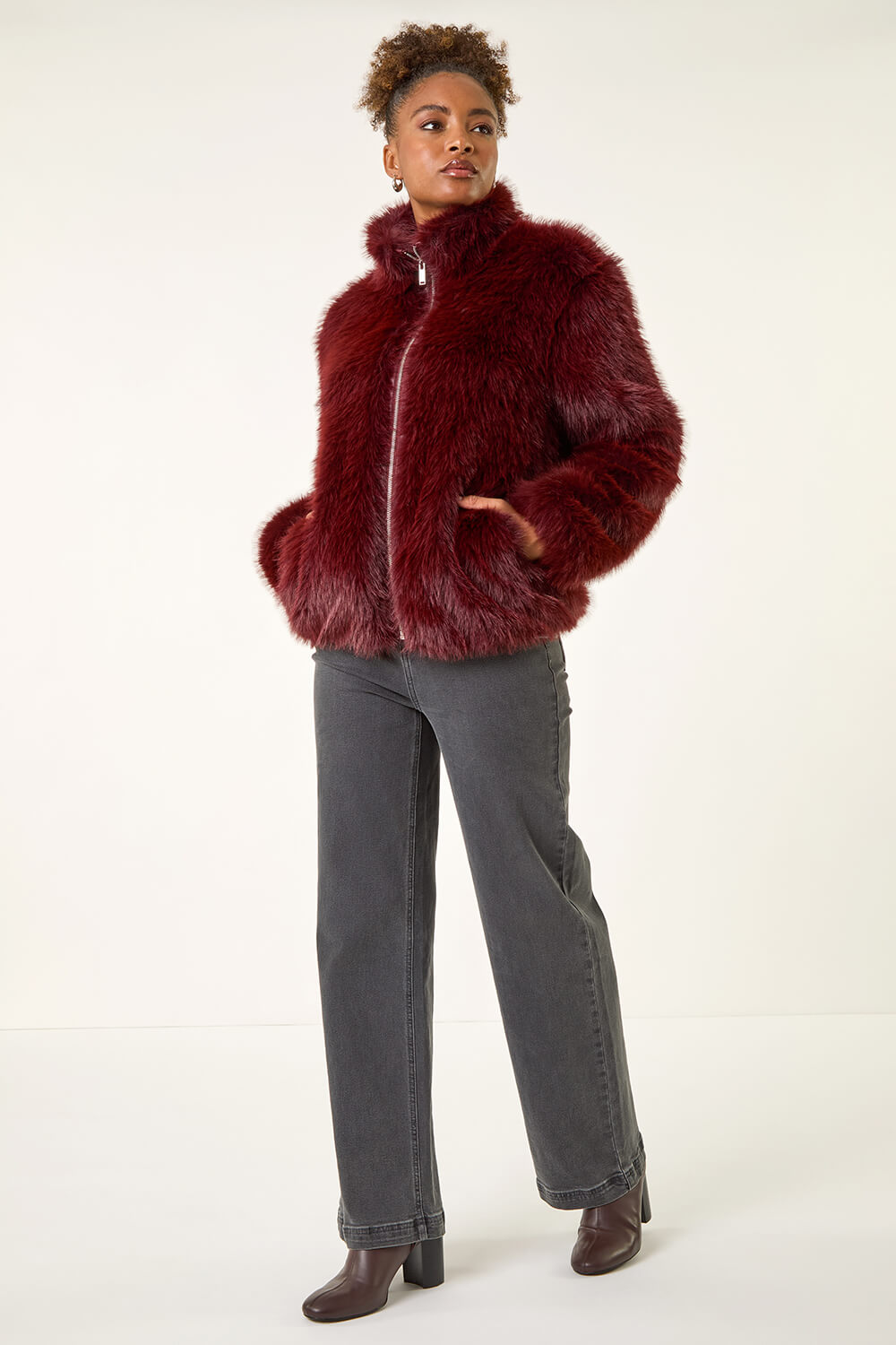 Burgundy Faux Fur Relaxed Jacket, Image 4 of 7