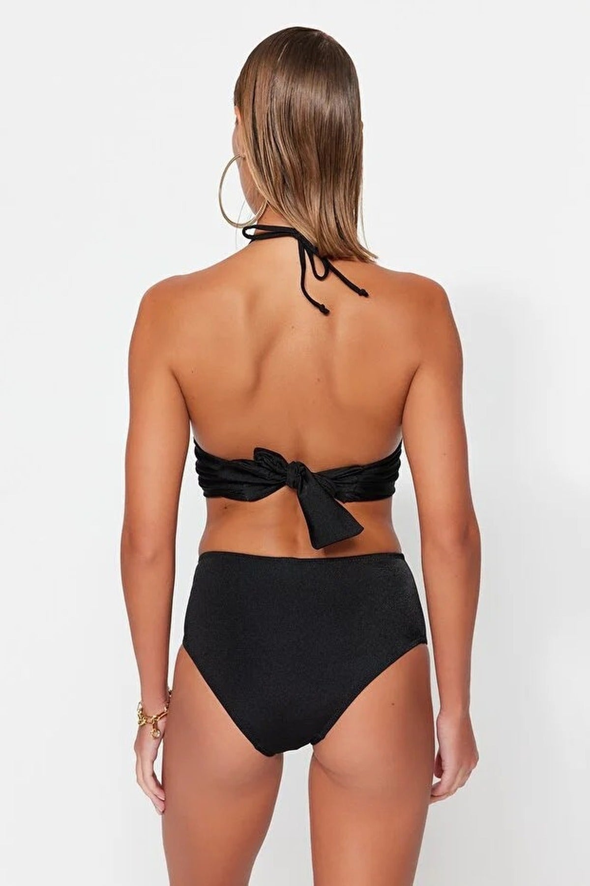 Black Halterneck Ring Detail Ruched Bikini Set, Image 4 of 4