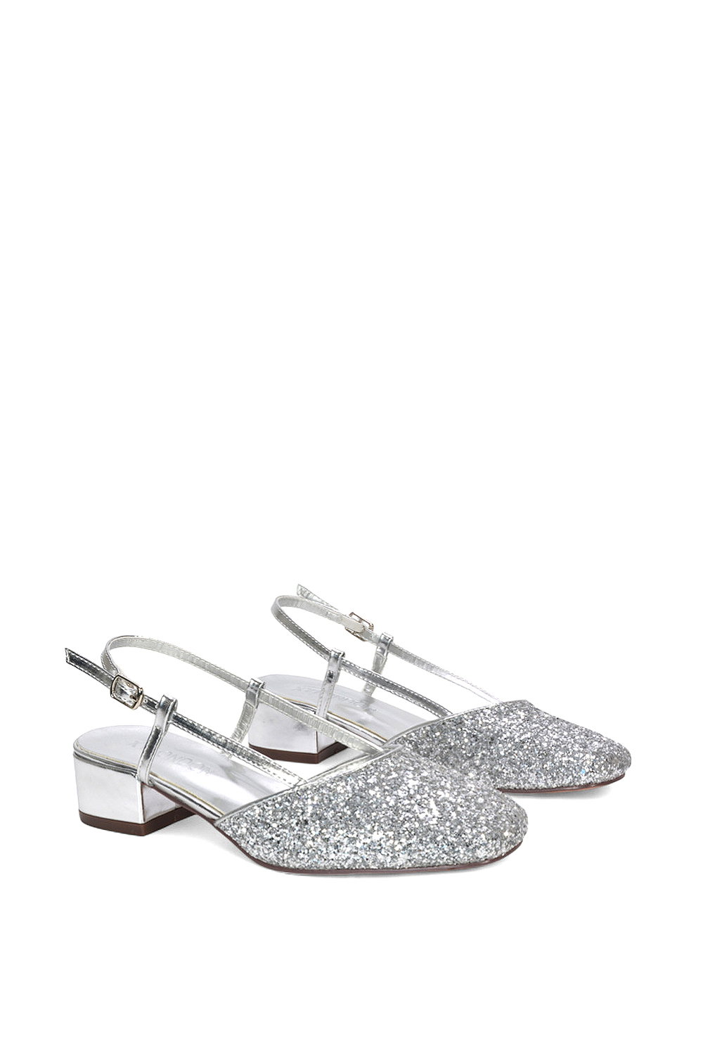 Silver XY LONDON Silver 'Kira' Slingback Court Shoes With Low Block Heel, Image 3 of 5