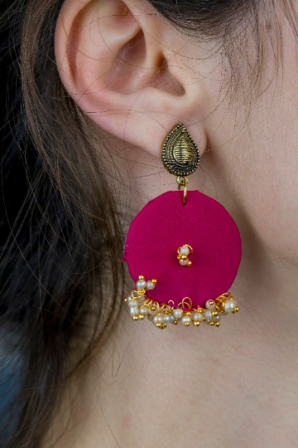 Pink Fabric Poth Earrings, Pearl, Image 1 of 2