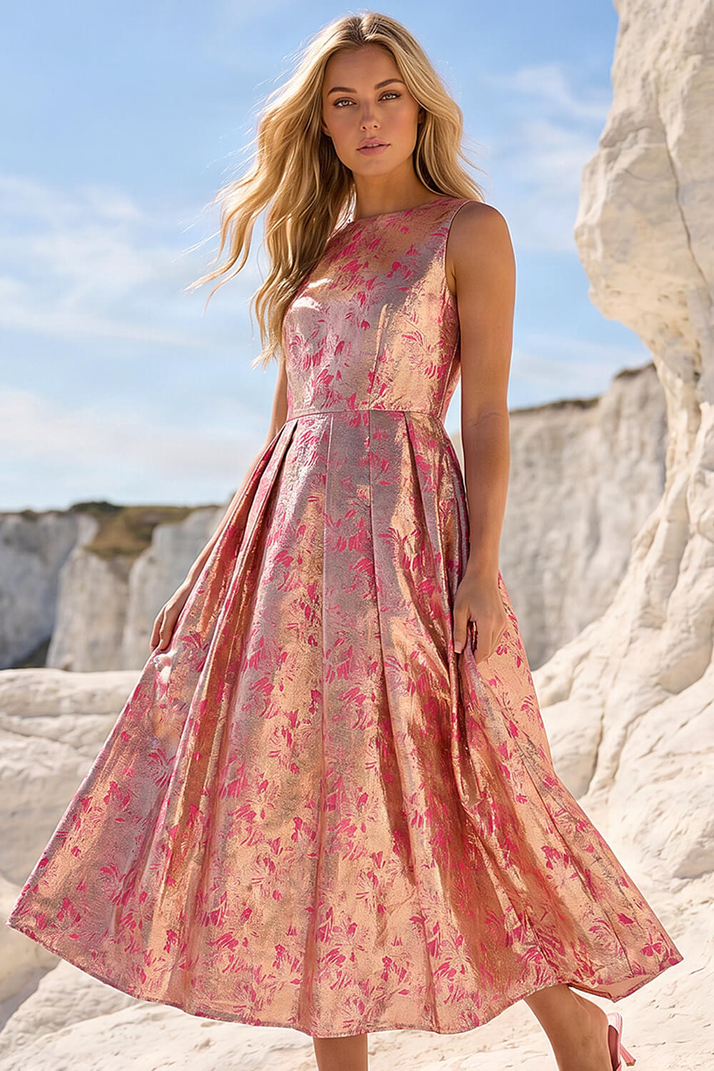Pink Dusk Metallic Jacquard Midi Dress | Dusk UK