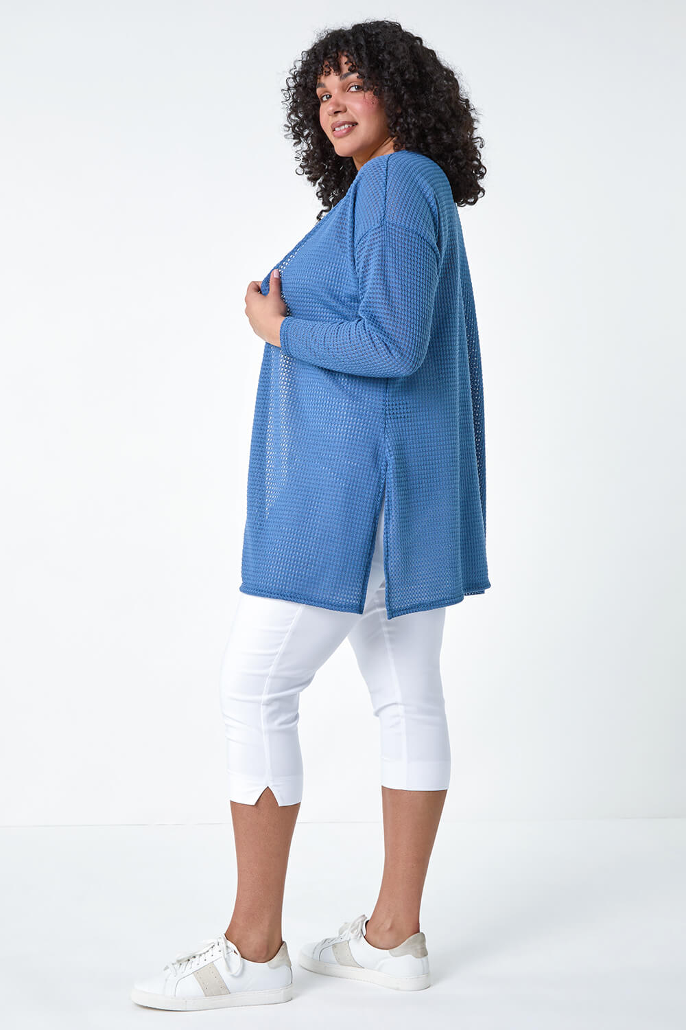 Denim Curve Textured Longline Cardigan, Image 4 of 5