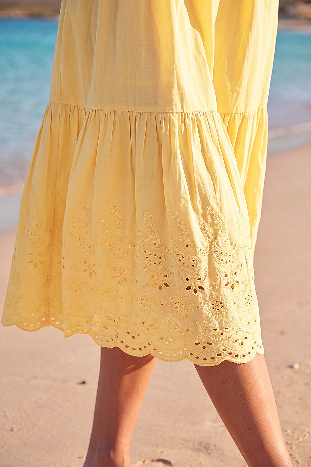 Yellow Cotton Broderie Midi Dress, Image 5 of 4