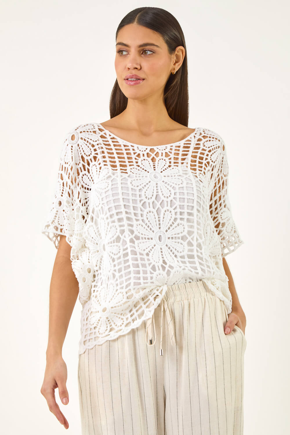 White Floral Crochet Knit Top, Image 6 of 6