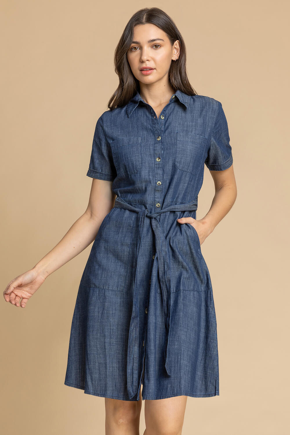 Denim Belted Skater Shirt Dress in Blue - Roman Originals UK Denim Belted Skater Shirt Dress in Blue - Roman Originals UK