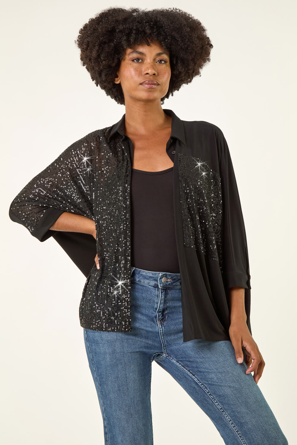 Black Sequin Buttoned Blouse , Image 5 of 5