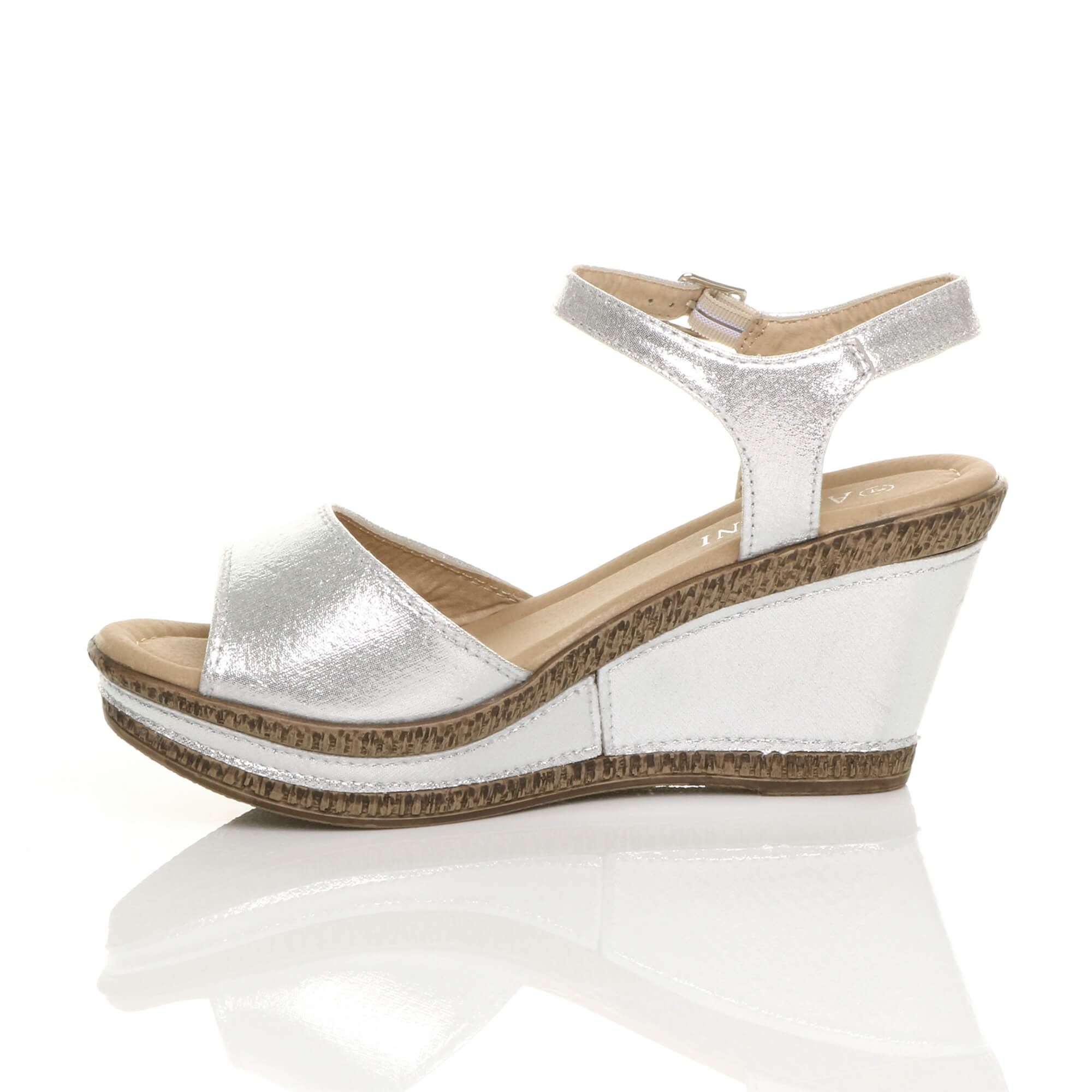 Silver AJVANI Silver High Wedge Heel Ankle Strap Cork Sandals, Image 3 of 6
