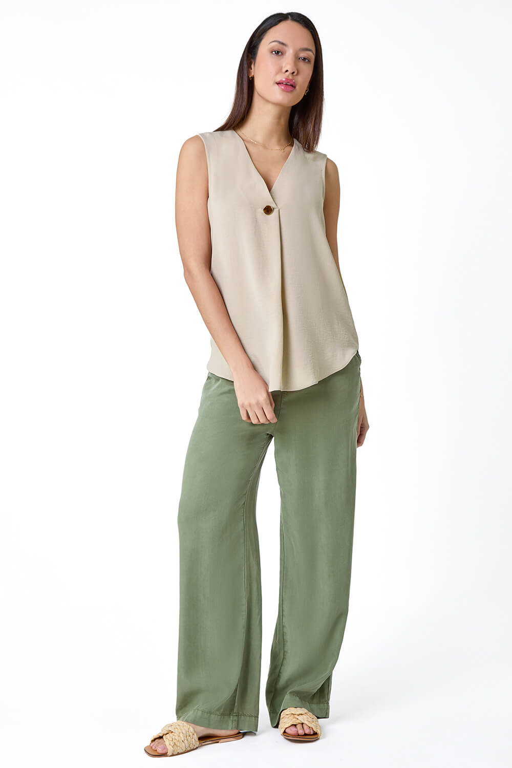 Camel Pleat Front Button Detail V-Neck Vest, Image 7 of 6