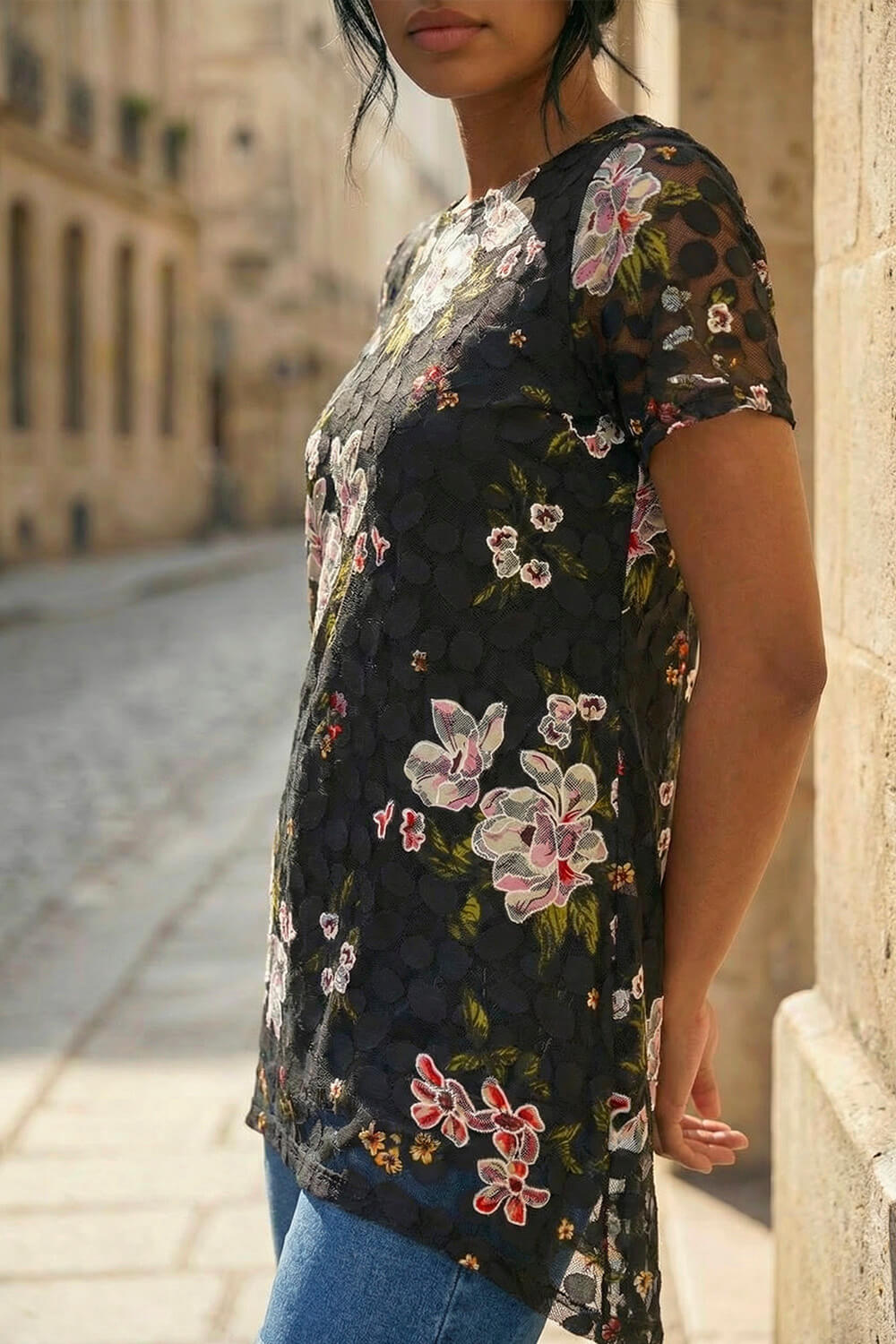 Black Floral Print Lace Stretch Top, Image 5 of 4
