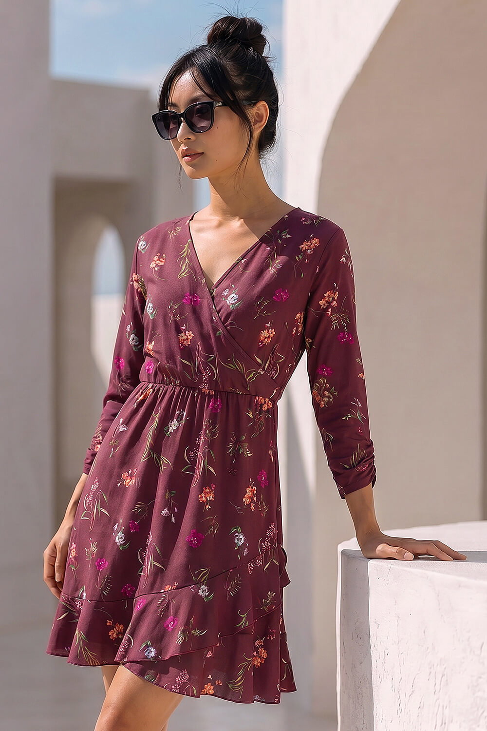 Wine Petite Floral Wrap Frill Stretch Dress , Image 1 of 5