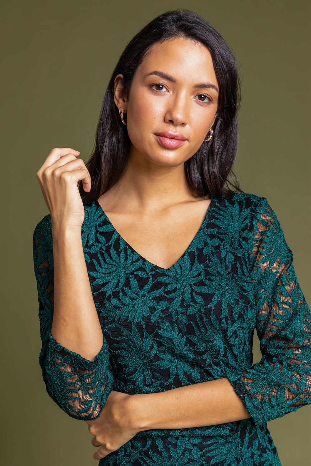 Green Palm Print Lace Ruched Dress, Image 5 of 4