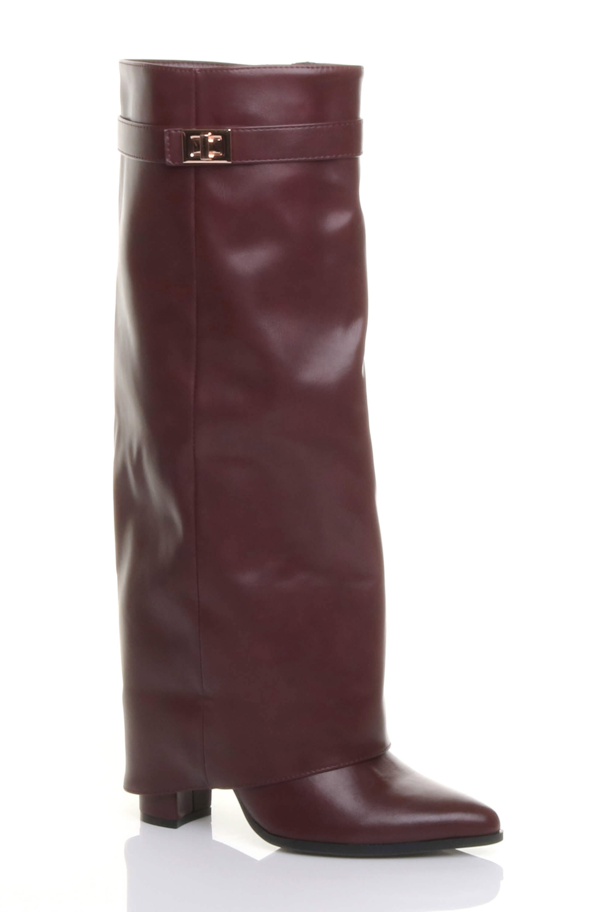Burgundy AJVANI Burgundy High Block Heel Pointed Toe Fold Over Knee Boots, Image 2 of 4