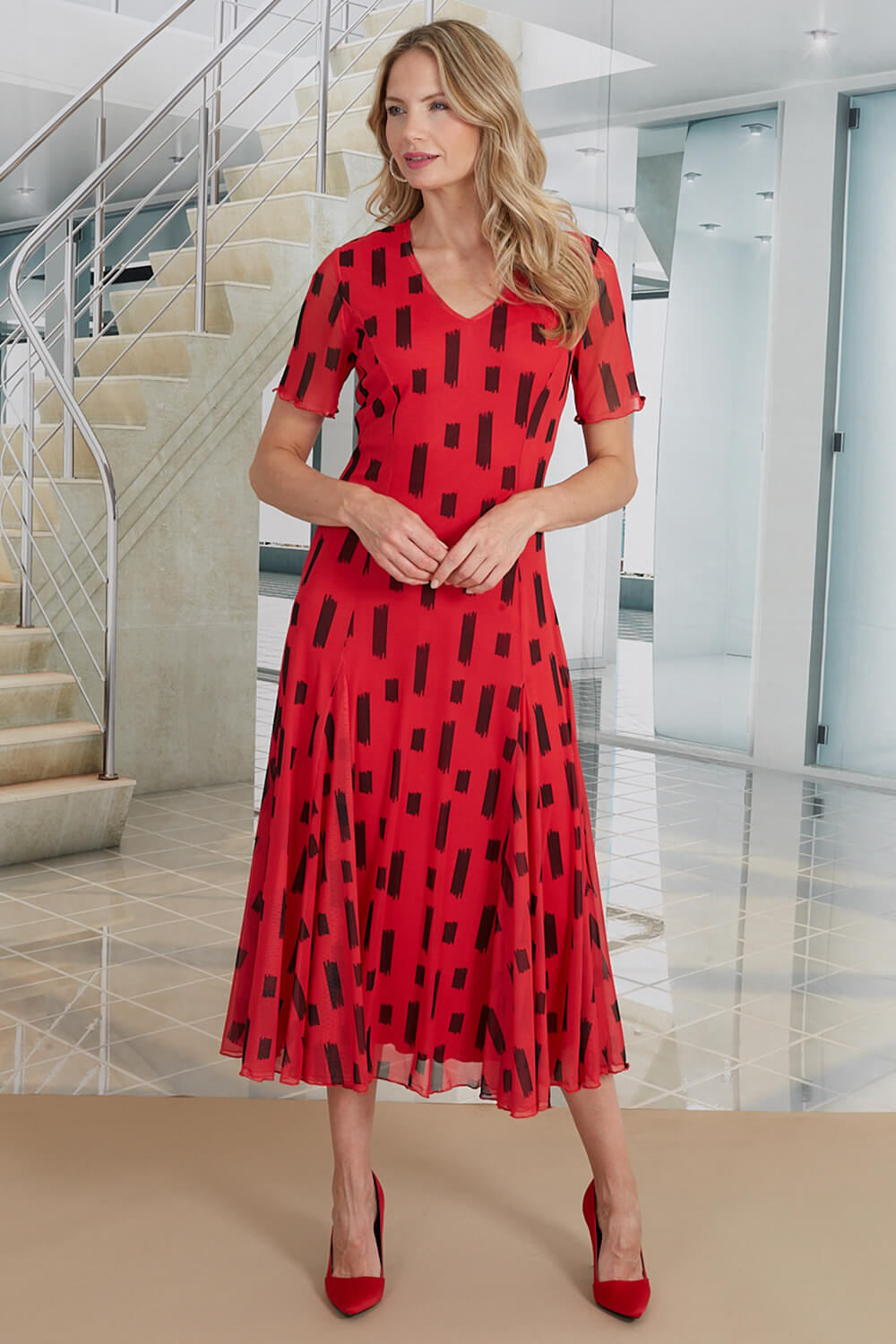 Red Julianna Print Mesh V-Neck Godet Dress, Image 3 of 3