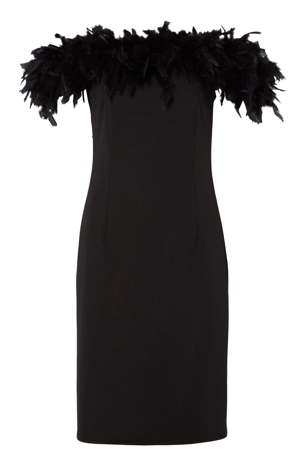 Black Feather Trim Bardot Dress, Image 5 of 4