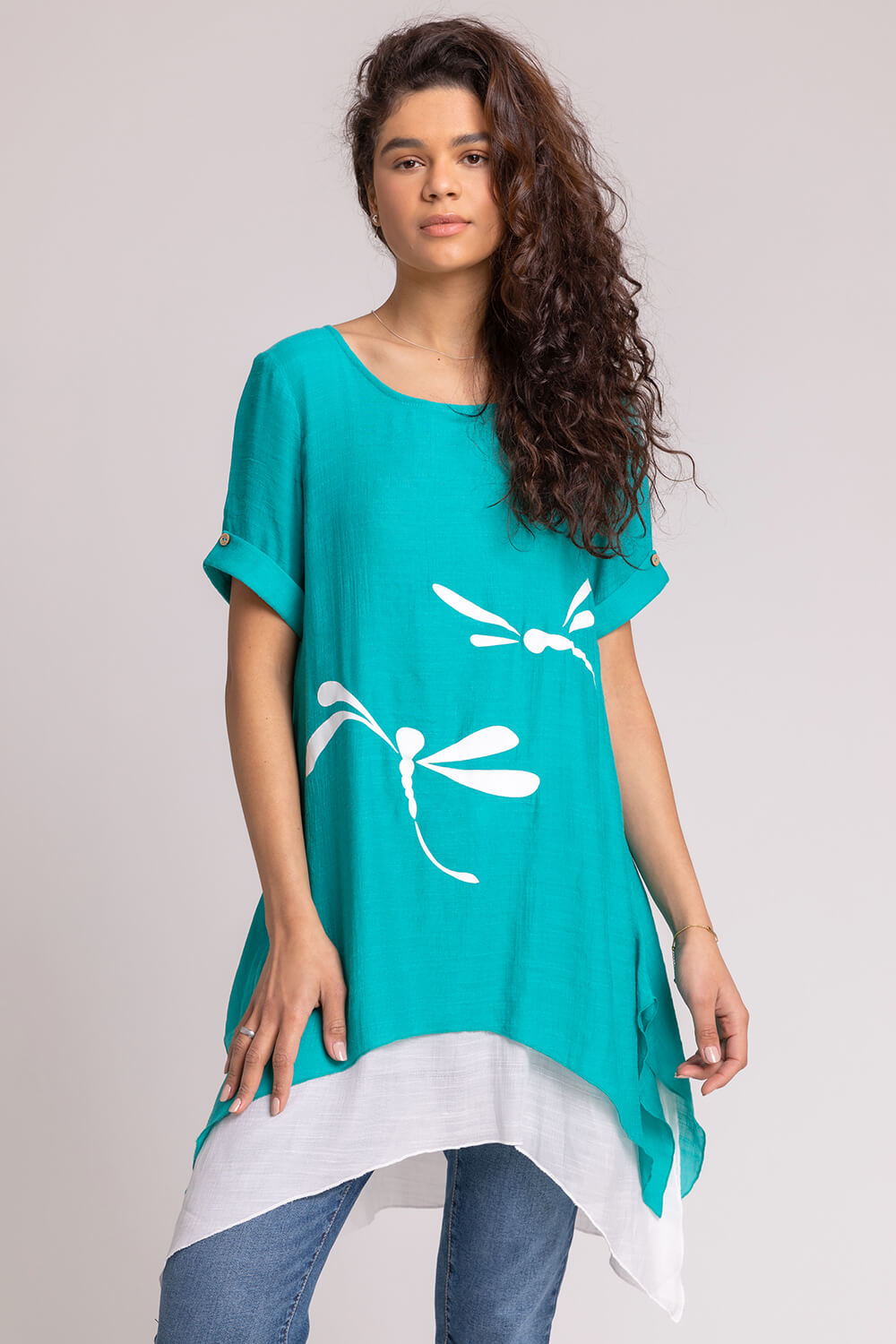 Aqua Dragonfly Print Asymmetric Tunic Top, Image 1 of 4