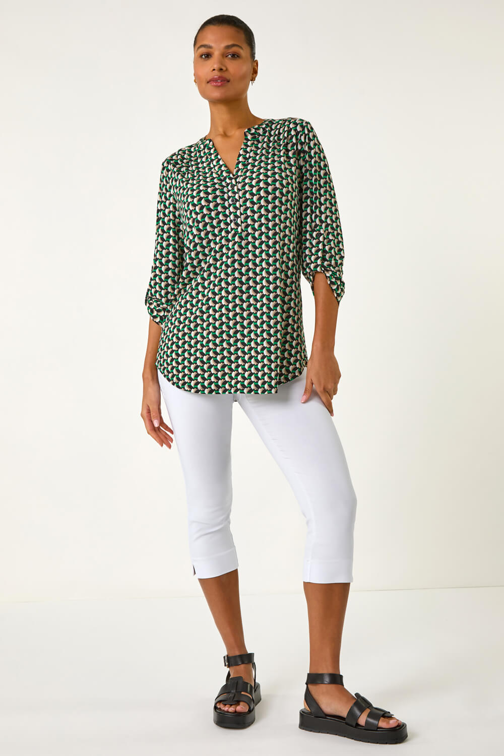 Green Abstract Print V-Neck Button Stretch Shirt, Image 3 of 5