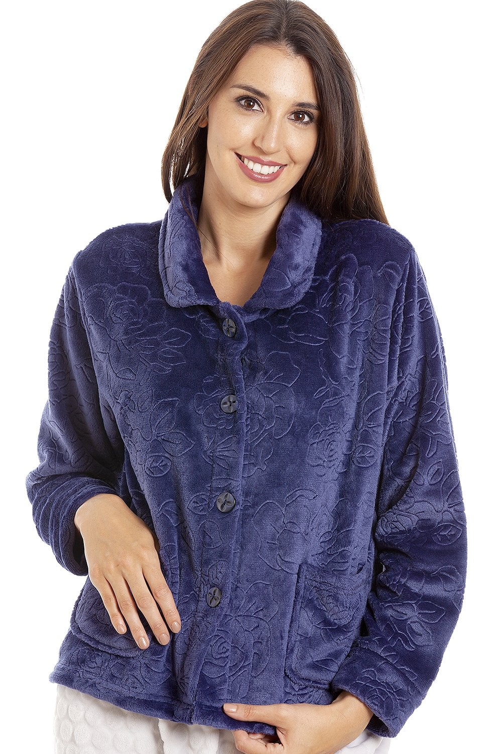 Navy Camille Lingerie Navy Button Up Rose Embossed Bed Jacket, Image 2 of 5
