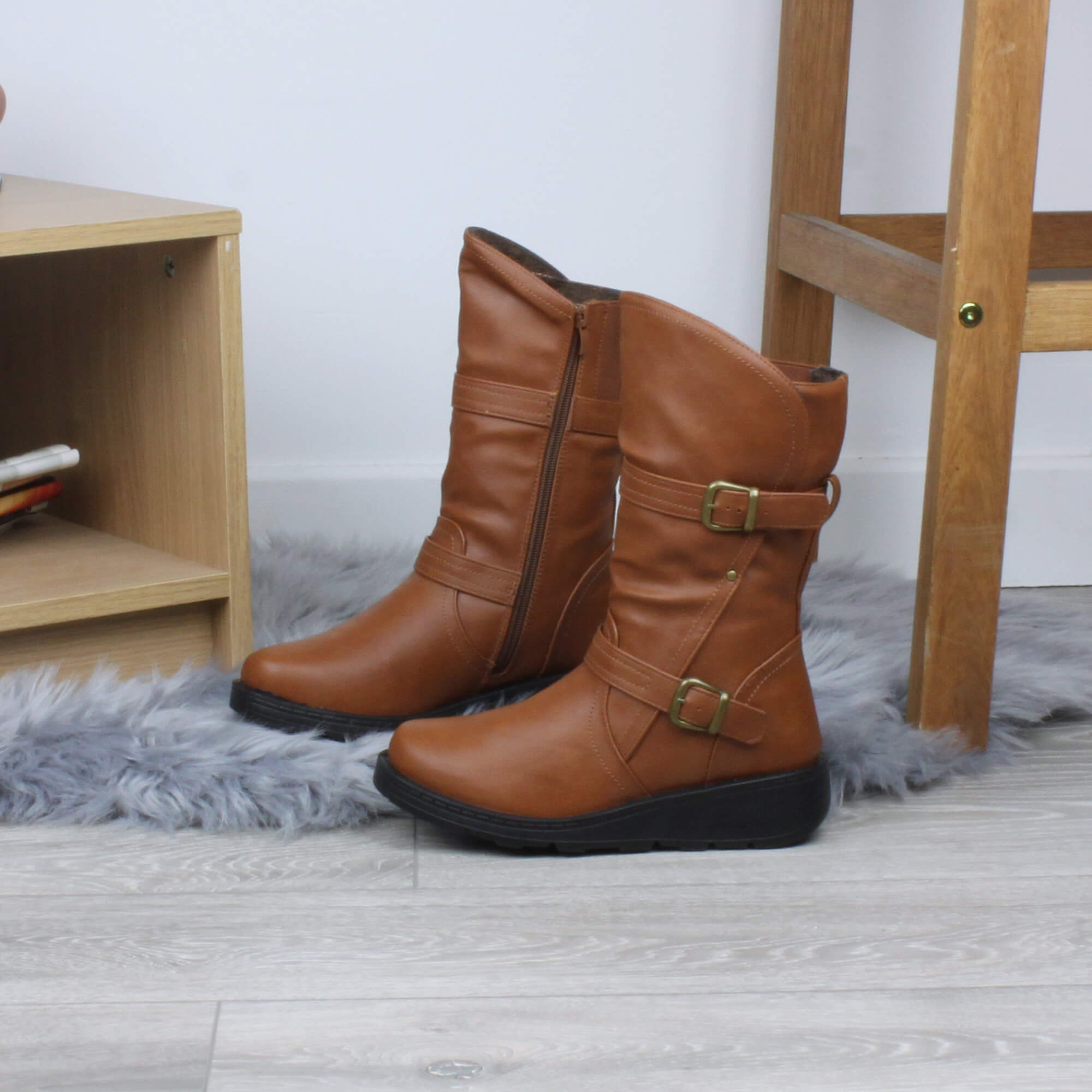 Tan Low Wedge Heel Comfort Calf Biker Boots, Image 4 of 6