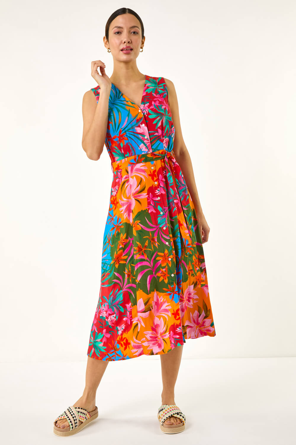 Orange Tropical Print A-line Midi Dress