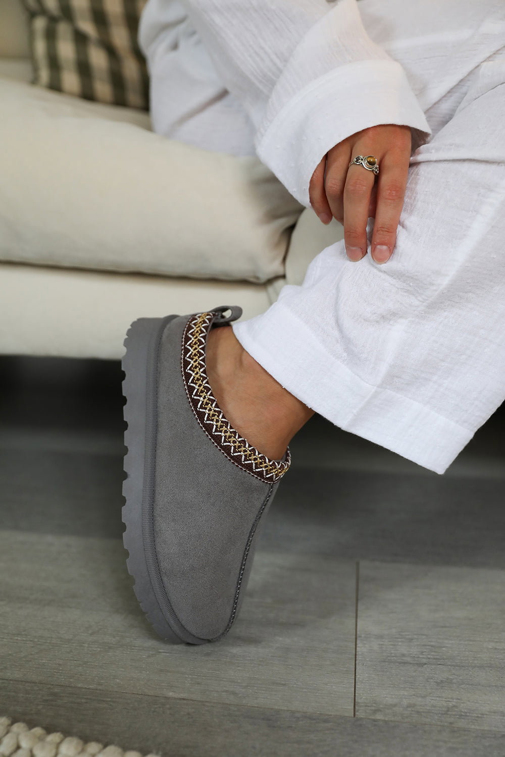 Light Grey 'Oak' Aztec Detail Fur Lining Mini Boots, Image 1 of 3