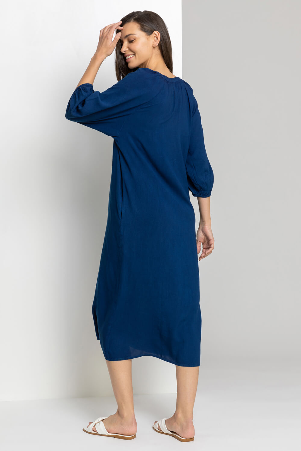 Buttoned Notch Neck A-Line Dress in Navy