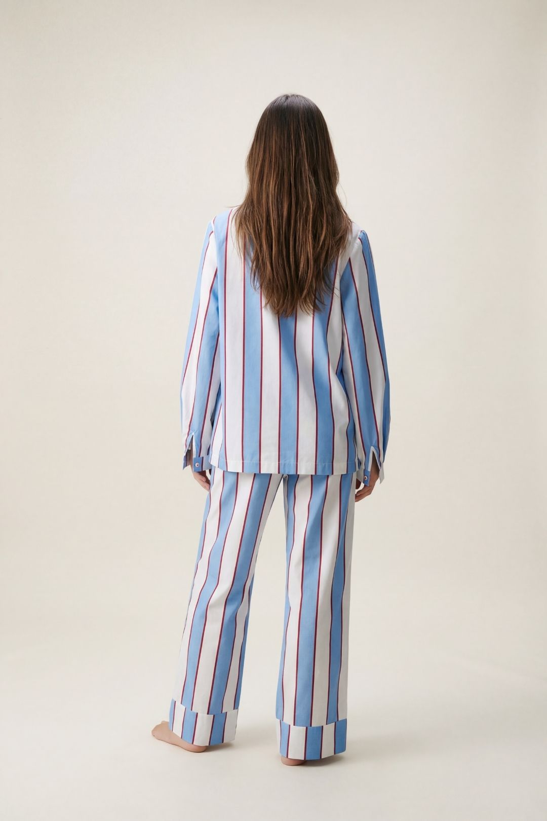Light Blue Stripe Cotton V Neck Pyjama Trouser Set, Image 3 of 4