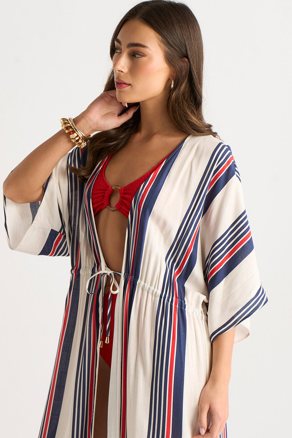 Multi Gini London Multi Stripe Tie Detail Kimono Beachwear, Image 3 of 4