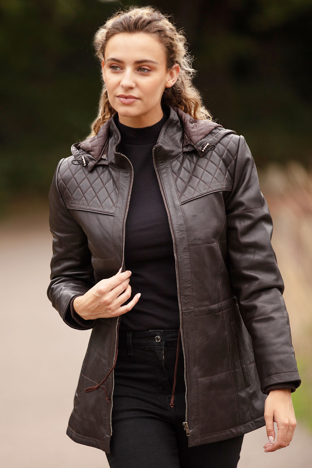 Brown Real Leather Hooded Duffle Jacket, Image 1 of 6