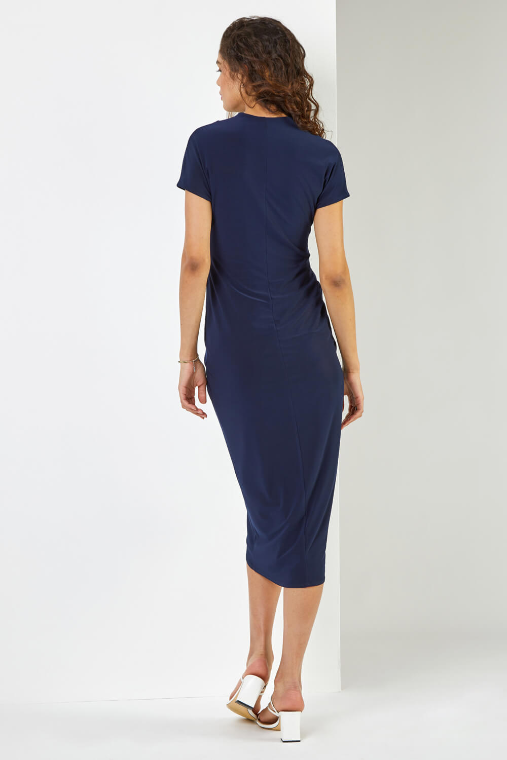 Navy  Ruched Front Midi Wrap Dress, Image 3 of 4