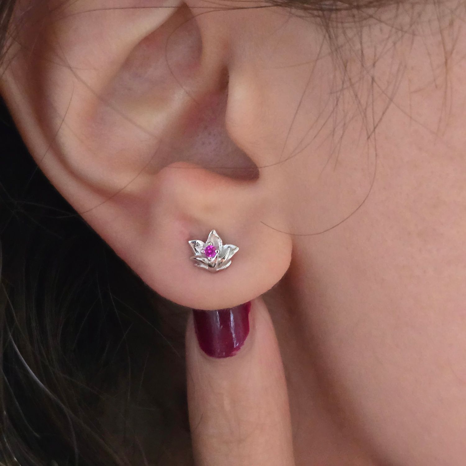 Silver Ruby July Birthstone Larkspur Birthflower Stud Earrings, Image 2 of 3