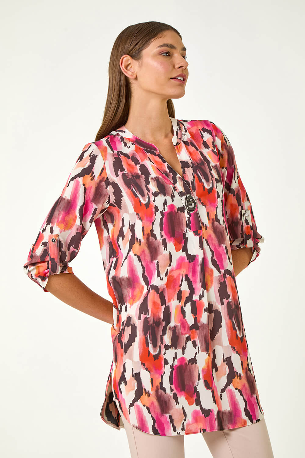Roman Women's Orange Abstract Print V-Neck Button Top Size 18