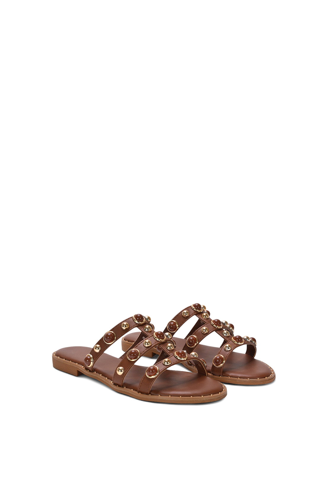 Brown Slip On Sandals With Peal Studded Straps, Image 3 of 6