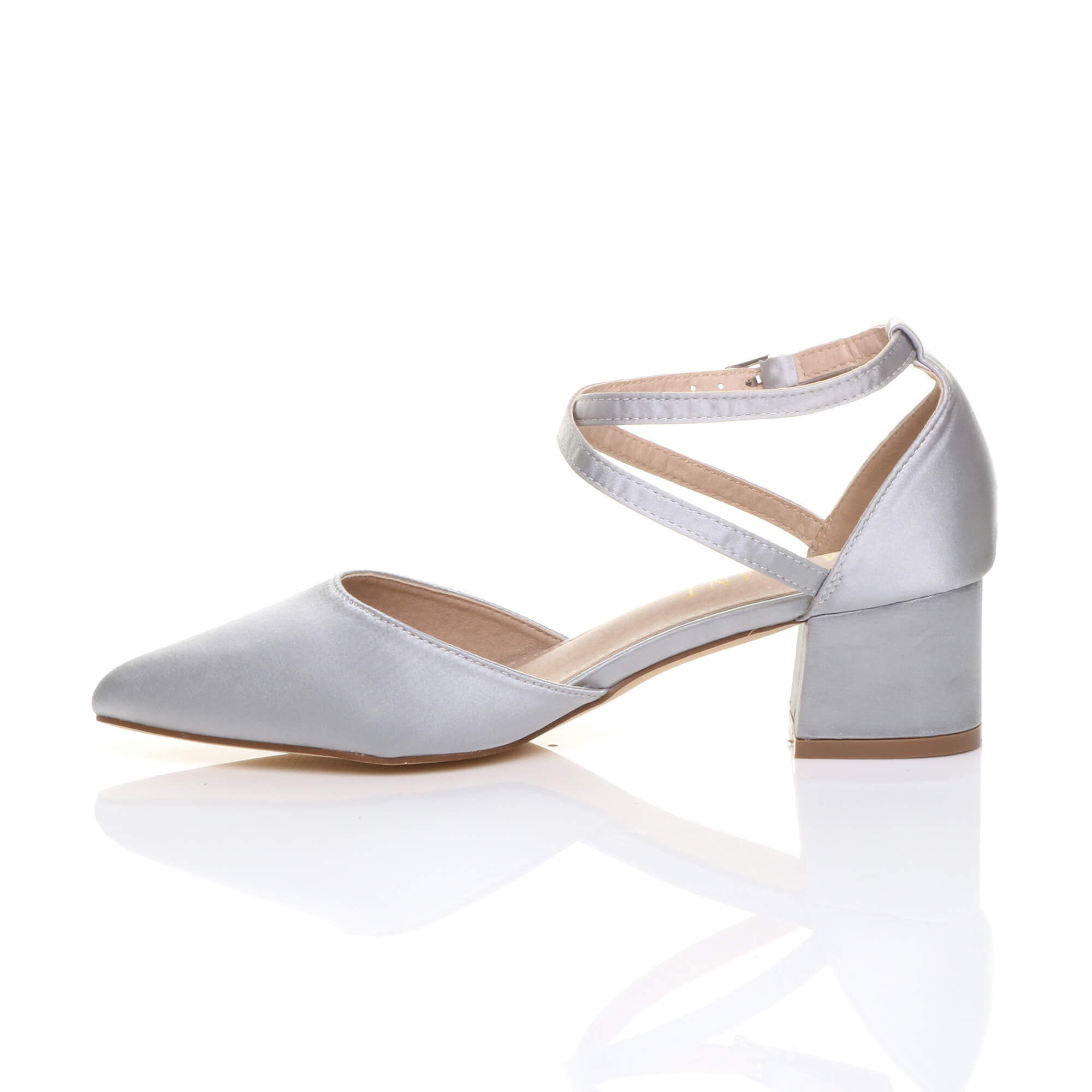 Silver Mid Block Heel Crossed Strap Pointed Toe 2 Part Heels, Image 3 of 6