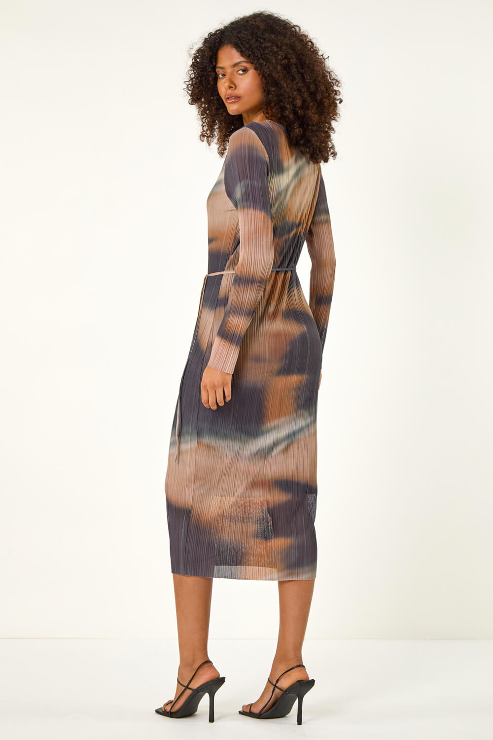 Rust Dusk Abstract Plisse Stretch Mesh Midi Dress, Image 4 of 7