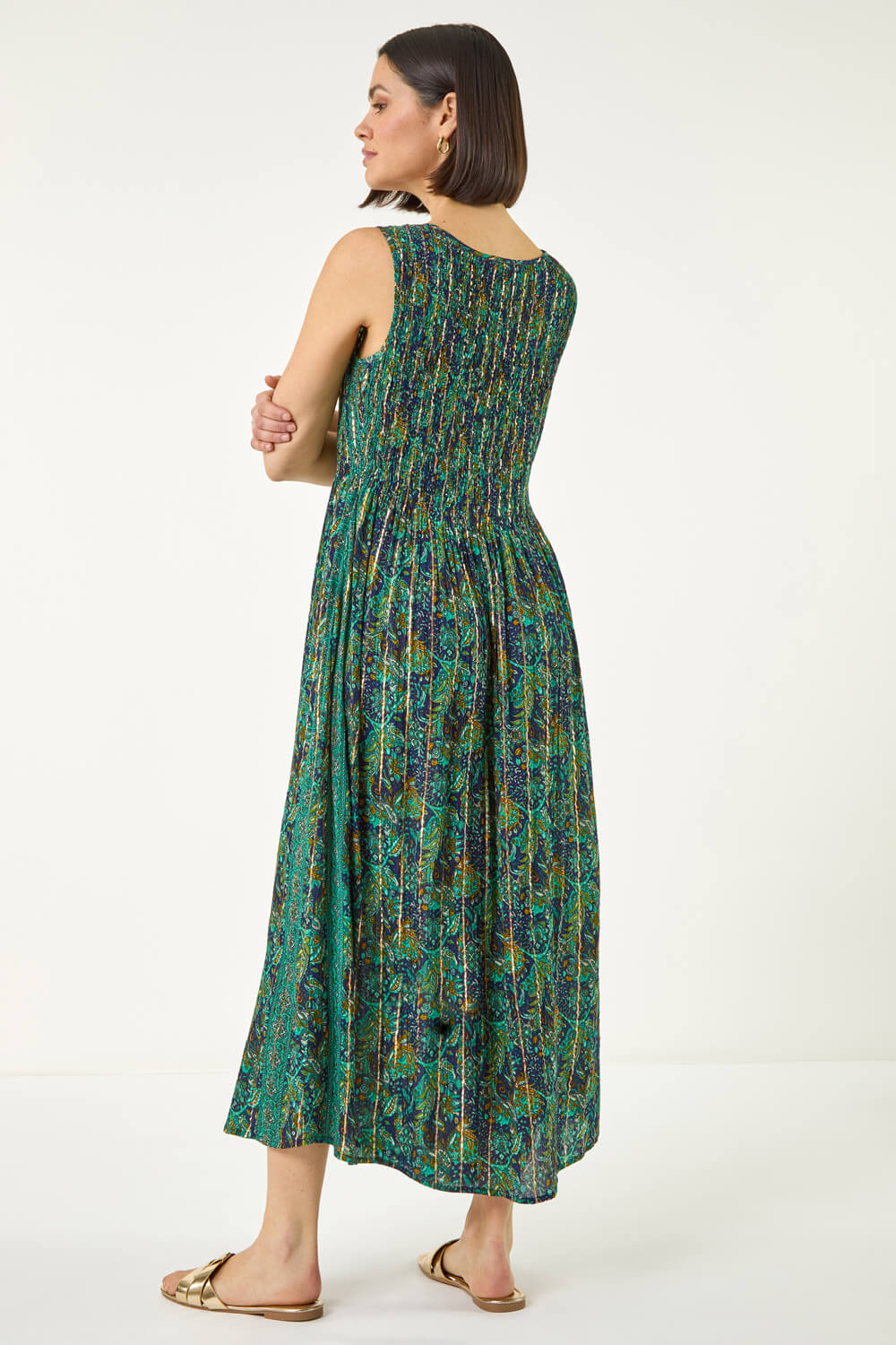 Teal Paisely Leaf Print Shirred Midi Dress, Image 4 of 5