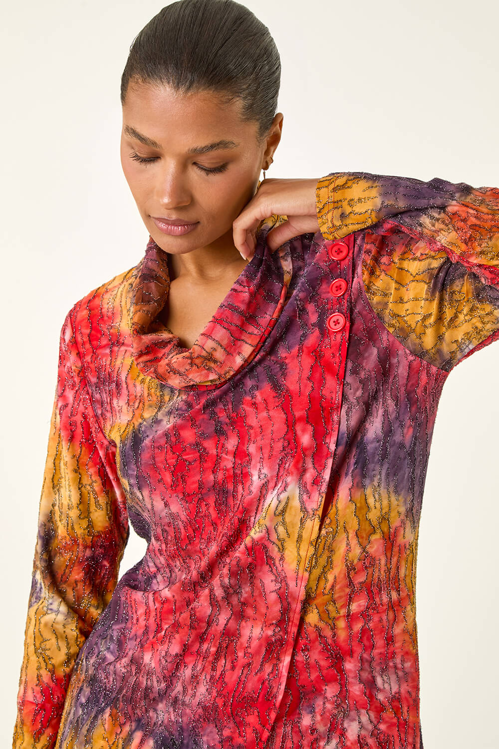 Red Textured Burnout Cowl Neck Top, Image 1 of 5