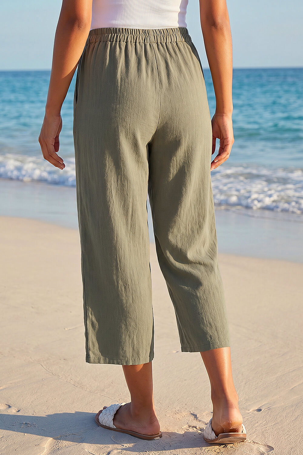 Khaki Petite Linen Blend Wide Cropped Trousers, Image 4 of 4