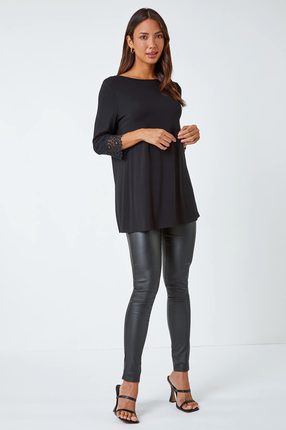 Black Plain Lace Trim Stretch Top, Image 3 of 5