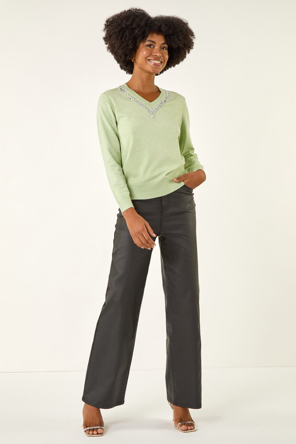Pale Green V-Neck Sparkly Trim Jumper, Image 3 of 5