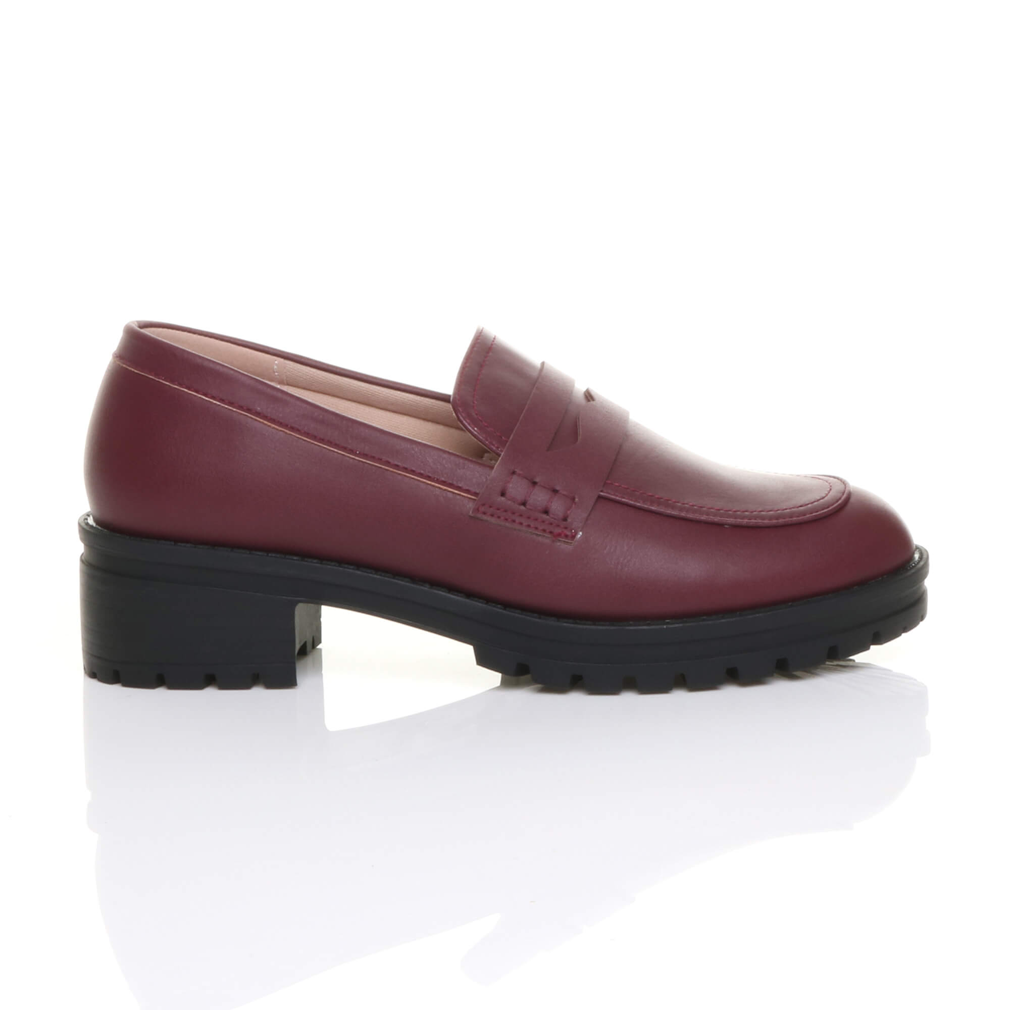 Burgundy AJVANI Burgundy Flat Chunky Heeled Penny Loafers, Image 2 of 5