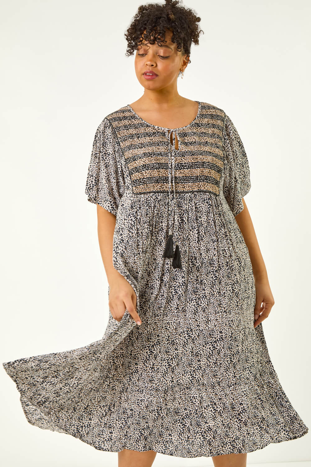 Grey Curve Tassel Trim Printed Dress, Image 1 of 5