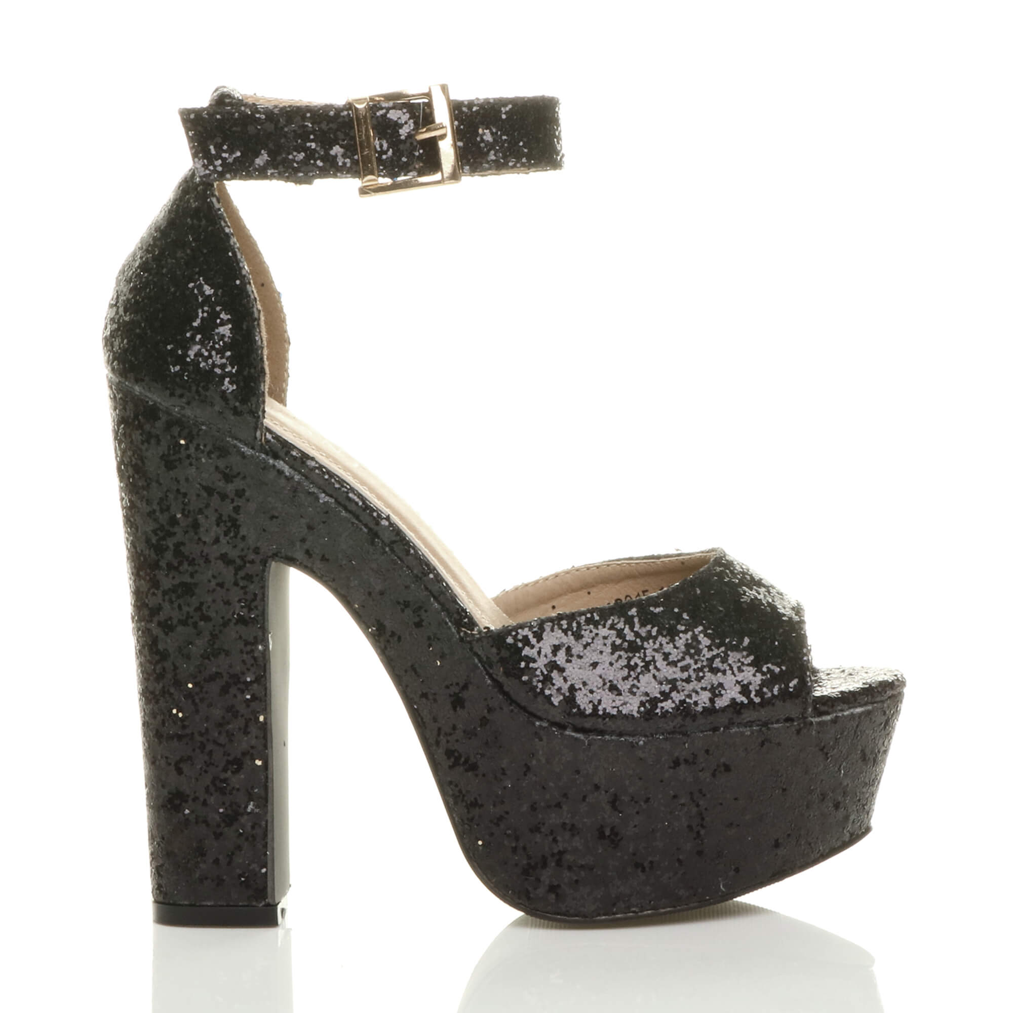 Black AJVANI Black Glitter Ankle Strap Peep Toe Platform High Heels, Image 2 of 8