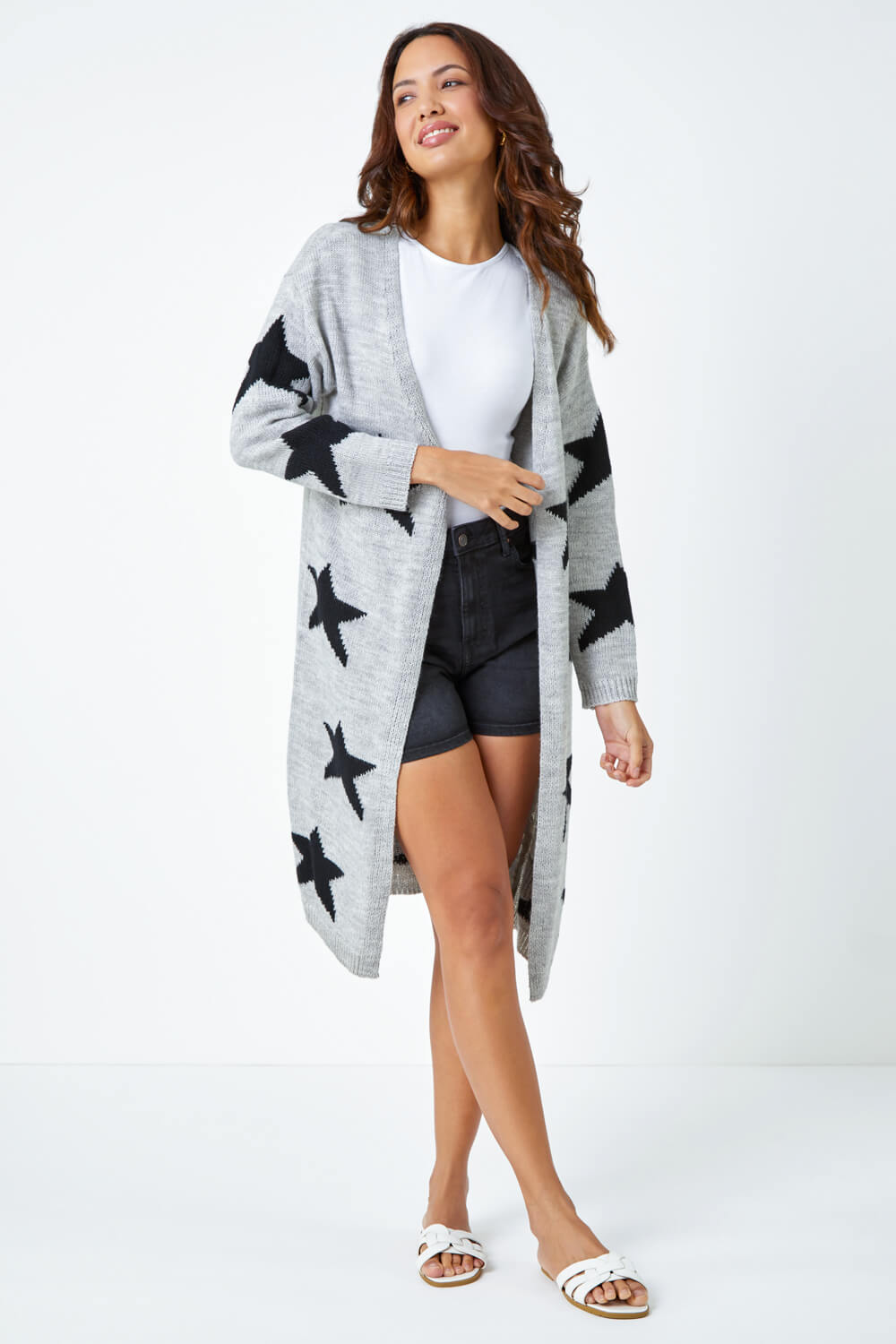 Star Pattern Open Front Longline Cardigan