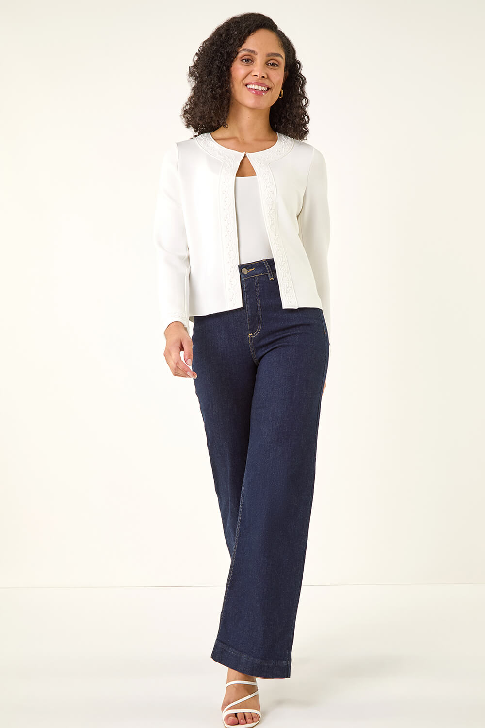Ivory Beaded Trim Open Jacket, Image 3 of 5