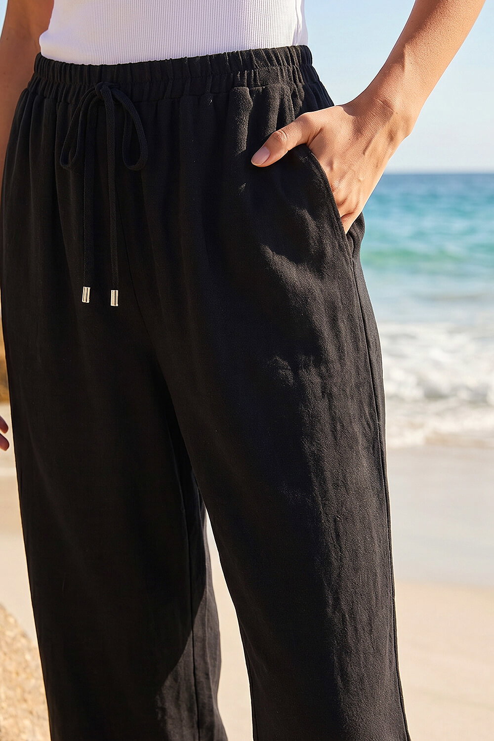 Black Cropped Linen Blend Trouser, Image 5 of 4