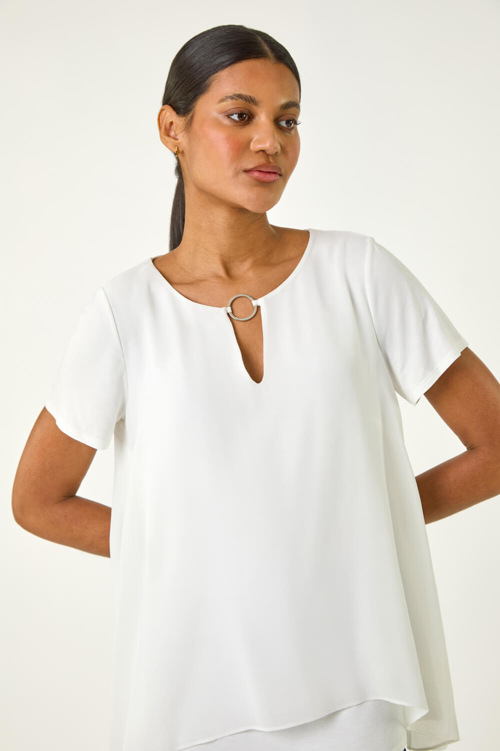 Roman Women's Ivory Ring Front Chiffon Overlay Top Size 20